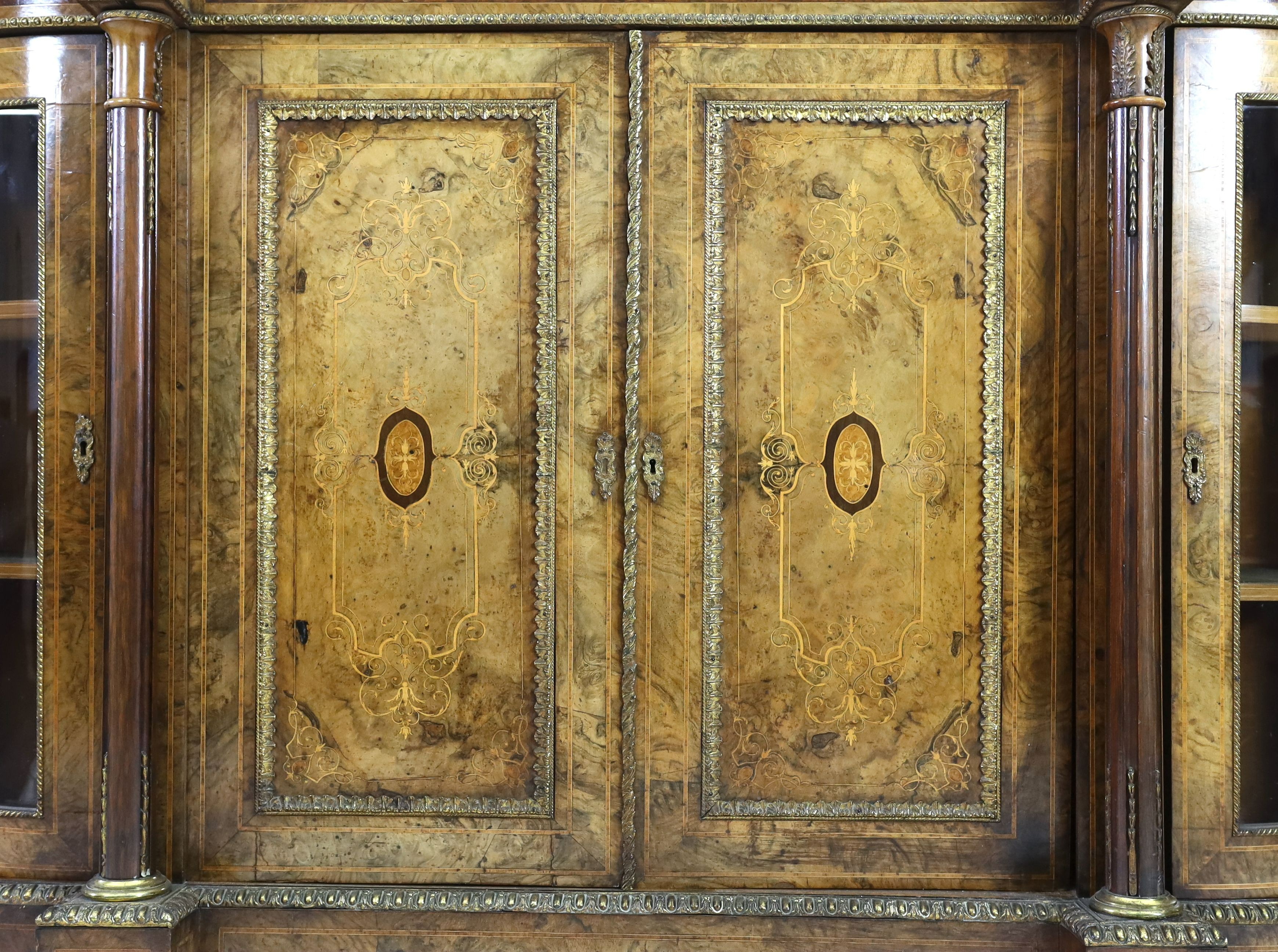 A Victorian walnut and marquetry side cabinet, W.177cm D.43cm H.112cm